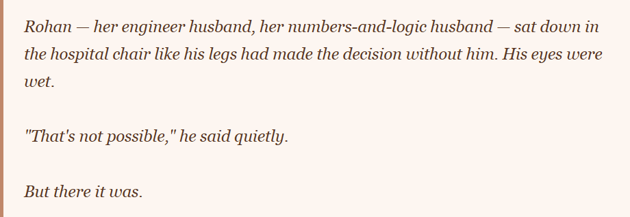 Text excerpt about Rohan, a husband in a hospital setting, expressing disbelief and emotion.