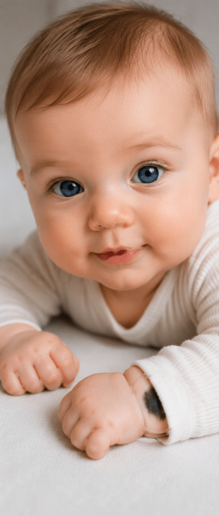 A close-up of a smiling baby with blue eyes and light brown hair, wearing a white long-sleeve outfit, resting on a soft surface.