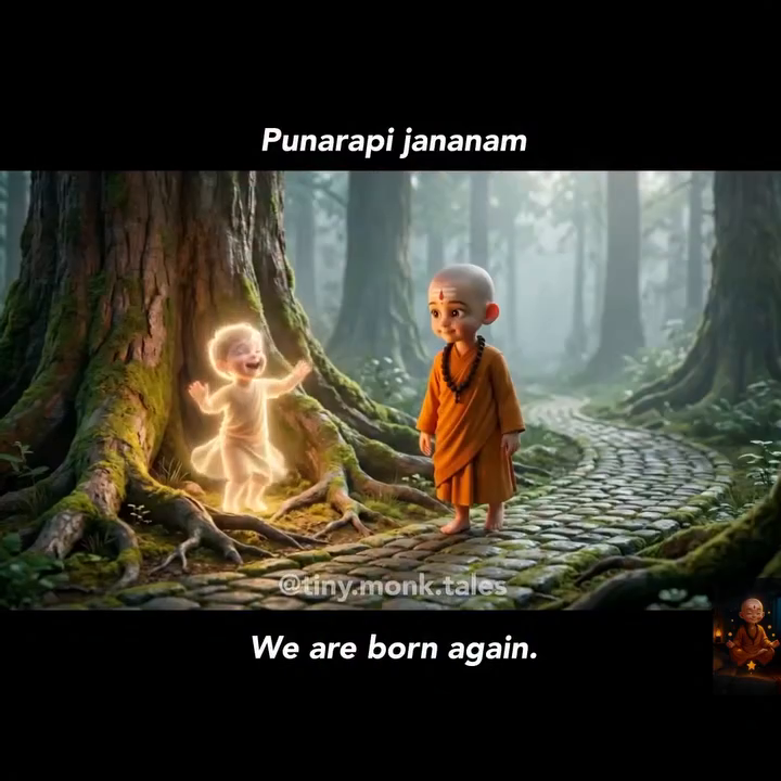 A young monk in an orange robe smiles at a glowing, playful spirit of a child near a tree in a misty forest, with a path made of cobblestones in the background. Text overlay reads 'Punurapi jananam' and 'We are born again.'